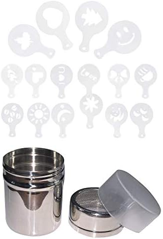 Stainless Steel Powder Shaker,YING Chocolate Shaker Kitchen Craft Salt Sugar Spice Pepper Shaker with 16 Cappuccino Coffee Stencils
