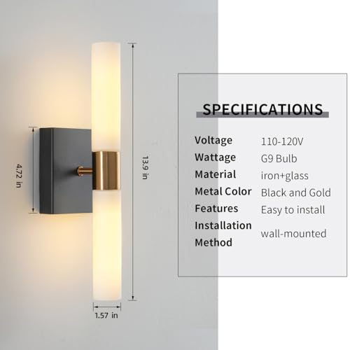 KUZZULL Wall Sconce Black and Gold Sconces Set of 2 with White Glass Shade Light Lighting Indoor Applique Murale Interieur Lamp Luminaire Mural Bathroom 13in