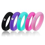 Women Silicone Wedding Band with Rhinestone for Athletes, Thin Rubber Ring Alternative Workout - Black, Purple, Pink, Hot Pink, Lime Green/Teal