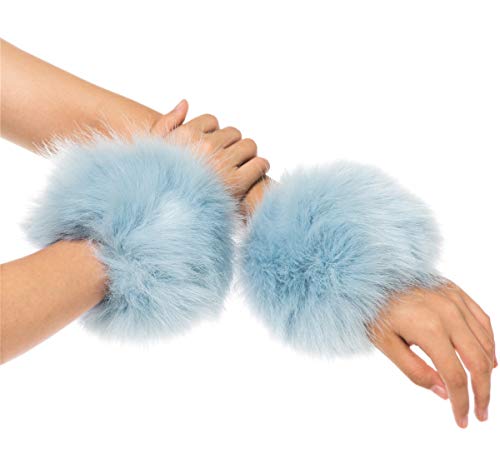 Lucky Leaf Women Winter Wrist Warmers Faux Fur Soft Cuffs Band Ring (C1-Light Blue)