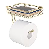 mDesign Wall Mount Toilet Tissue Paper Roll Holder and Dispenser with Storage Shelf for Bathroom Storage - Wall Mount, Holds and Dispenses One Roll - Durable Metal in Soft Brass
