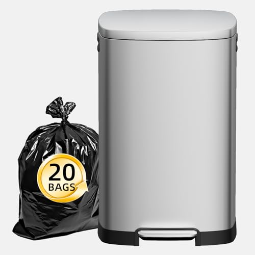 KUK 13 Gallon/50L Stainless Steel Kitchen Trash Can with Lid and Step Pedal-Large Capacity Garbage Bin with Odor Seal, Silent Close Lid, Removable Inner Bucket, Titanium Silver