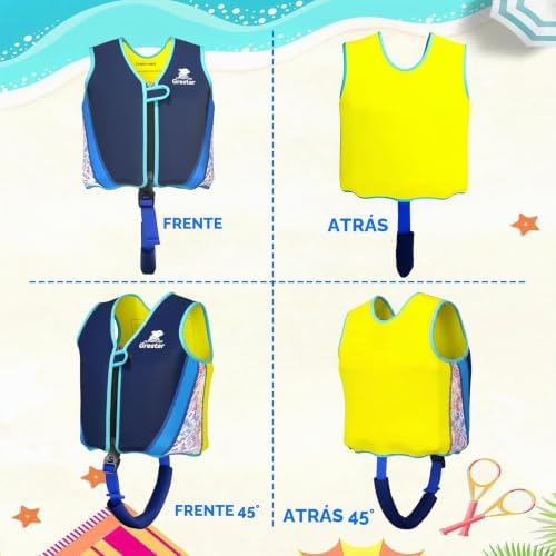 Chaleco Flotador Bebe y Niño de Neopreno, Grestar Chaleco Piscina Bebe 2 a 6 Años 15-30 kg, Chaleco Flotador Infantil con 8 Paneles de Flotación Extraíbles, Triple Seguridad, Correa Ajustable