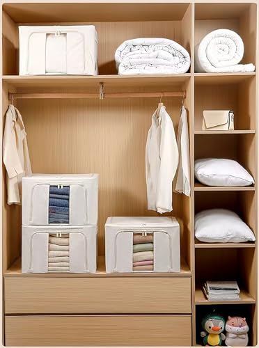 Clothes Organizer, 2 Pack Foldable Metal Frame Clothing Storing Bins with Double Visable Window, Large Capacity Cloth Container with Reinforced Handles, Storage Box, (Cream Yellow)