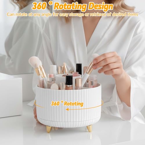 Staranry 360° Rotating Makeup Organizer Holder, Makeup Brush 5 Grids, Multifunction Cosmetic Makeup Organizer, Swivel Organizer for Dresser, Bedroom, Bathroom (White)