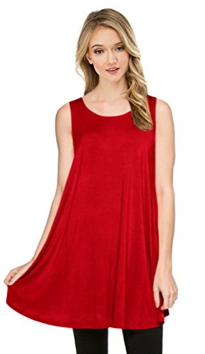 Womens Sleeveless Long A-Line Tunic Tank Top - Made In USA Red Large