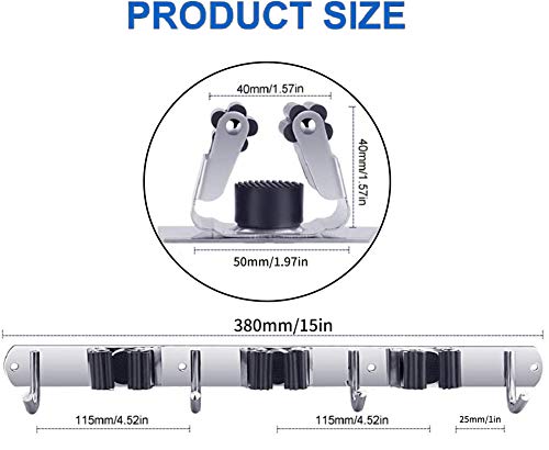 VIAV 2 Pack Mop Holder Wall Mounted, Stainless Steel Broom Hanger with 3 Position 4 Hooks, Garage Tools Organizer Rack Storage for Kitchen Bathroom Garden