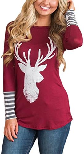 Cyerlia Womens Stripe Long Sleeve Shirt Tops Casual Deer Christmas Blouses To Wear With Leggings Red Plus Size 2XL