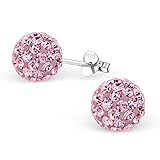 .925 Sterling Silver Christmas 8mm Disco Ball Stud Earrings w/ Crystals Pick Your Color (Lt Pink)