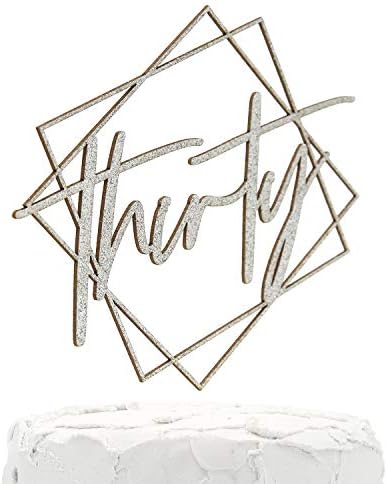 NANASUKO 30th Birthday Cake Topper - thirty - with Modern Geometric Frame - Double Sided Silver Glitter - Premium Quality Made in USA