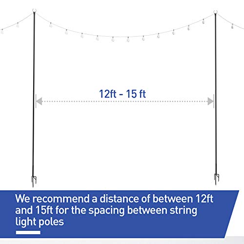 Outdoor String Lights Pole (2 x 8ft) - Patent 4Prong Fork to Dig Deep - Light Up Patio or Garden with LED Or Solar Hanging Bulbs - Water-Resistant Steel Powder Coated Poles for House Café Wedding