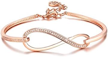 SPILOVE CZ Crystal 18k Rose Gold Plated Infinity Bangle Endless Love Charm Adjustable Bracelets, Gifts for Graduation