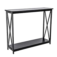 HOFOME Sofa Side Table, 2 Tier Console Table X-Design Entryway Hall Table with Storage, Long Narrow Accent Table for Living Room, Black