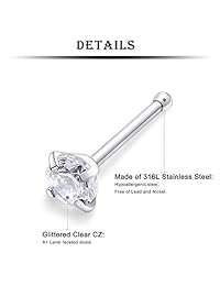 Kridzisw - 12 piercings de nariz de acero quirúrgico con incrustaciones de circonita cúbica de 0.079 in para mujer y hombre