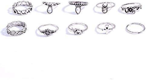 Vintage Retro Silver Plated Elephant Moon Crystal Joint Knuckle Nail Ring Set of 10pcs