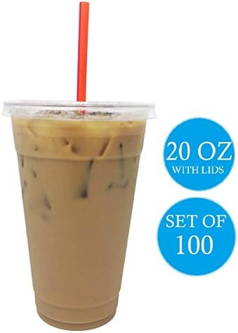 Premium Quality 20 Oz Clear Plastic Cups By Kozypak – Strong, Durable Cups 100-Pcs Set With Lids – Ideal For Coffee, Alcohol, Soda, Water & Other – Suitable For Home & Professional Use