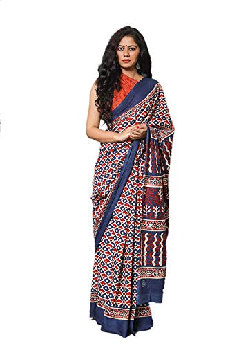 Woman Hand Block Printed Cotton Mulmul Saree with unstitched Blouse (Jaipuri Print)