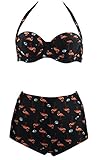 Cocoship Retro Cherry Rose Flamingo Halter High Waisted Bikini Vintage Swimsuit(FBA)