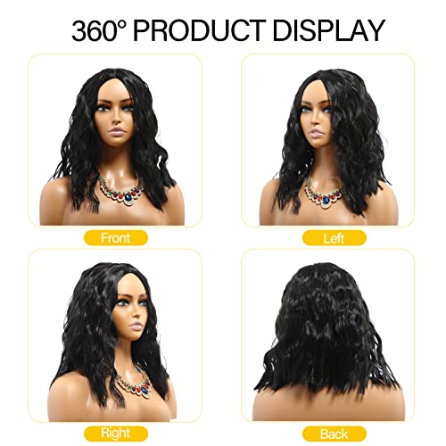 POPTAIYU Short Black Wavy Wigs Synthetic Shoulder Length Curly Wigs for Women Middle Part Bob Wigs for Daily Party Use (Black，15.7 inch)