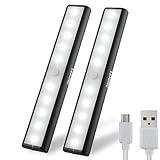 Motion Sensor Wireless Under Cabinet Lights,USB Rechargeable Motion Activated Closet Lights for Wardrobe/Drawer/Cupboard/Counter,Stick On Anywhere Magnetic LED Light Bar,10 LEDs,White Light,2 Pack