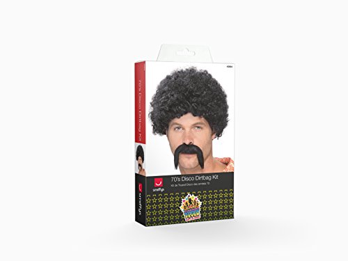 Smiffy's Men's 70's Disco Dirt bag Kit, Tight Afro and Moustache, One Size, Colour: Black, 43664