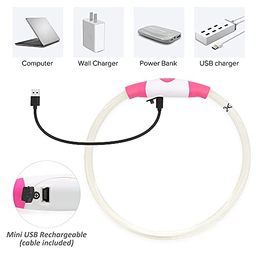 PZRLit Lighted Dog Collar LED-USB Rechargeable, Adjustable TPU Cut to Size Light Up Dog Collar for Small Medium Large Dogs, Safety Glow Puppy Collar for Night Walking (Candy Pink)