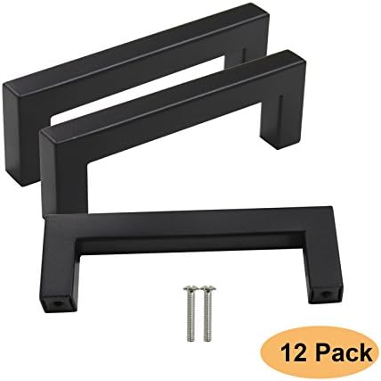 Gobrico Black Square Stainless Steel Drawer Dresser Pulls and Handles, 3-3/4"(96mm) Hole Spacing, 108mm Overall Length, 12Pack