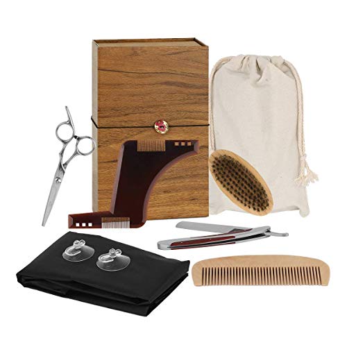 Beard Grooming Kits for Men,INKERSCOOP Beard Care Set 7 PCS Barber Hair Cutting Scissor+Straight Retro Razor+Bamboo Beard Boar Bristle Brush+Beard Comb+Beard Shaving Tool+Beard Bib Apron+Gift box