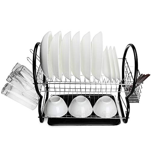 2-Tier Dish Rack and Drain Board, Brilliant Black Large Kitchen Plate Cup Dish Drying Rack Storage Tray Cutlery Dish Drainer Room Saving