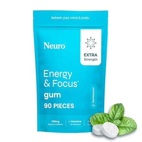 Neuro Energy & Focus Gum, Extra Strength - 100mg Natural Caffeine Gum & Nootropic Energy Supplement with L-Theanine & B Vitamins - Sugar Free, Vegan - Peppermint, 90ct