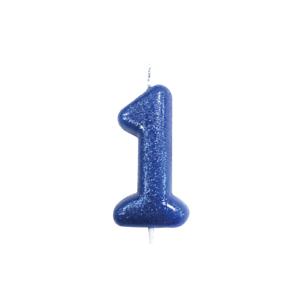 Anniversary House Colourful Blue Glitter Number 1 Cake Candle for Birthday and Anniversary Decorations - Elegant Birthday Candle for Cake - Stylish Silver Number Candle Topper 7 cm