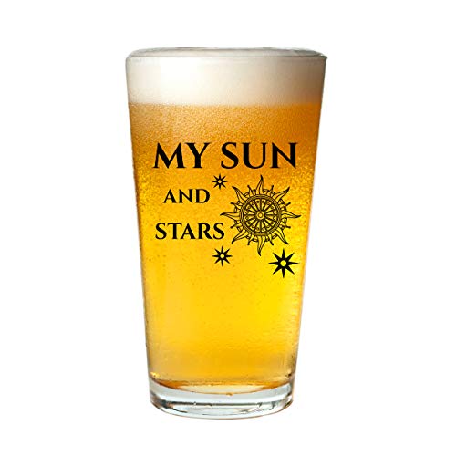 Moon of My Life My Sun and Stars Wine and Beer Glass Set for GOT Fan Couples- 12.75 oz Wine Glass & 16 oz Beer Pint Glass- Present for Mom and Dad- Inspired by Game of Thrones- Husband Wife Gift