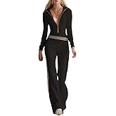 Wuitrie Color Block Women's Striped Knit Jumpsuit Hooded Zip-Front V-Neck Long Sleeve Pantsuit Casual Sport Outdoor Romper