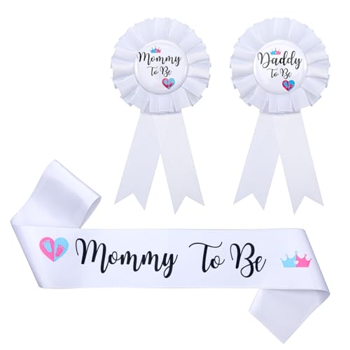 3PCS Mommy and Daddy To Be Badges Pins Mom to Be & Dad to Be Sash Kit with Corsage Pin Gender Reveal Button Pins Decorations for New Parents Pregnant Keepsake Gifts Invitations
