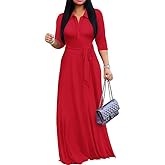 MarryUP Maxi Dresses for Women Casual V Neck 3/4 Sleeve Long Church Dress Semi Formal Outfits with Pockets