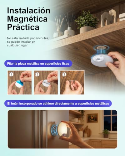 Luz Nocturna Sensor Movimiento Interior, Lampara LED Recargable 3 Modos (Auto/Encendido/Apagado), Luz de Noche Regulable Blanco Cálido/Natural/Frío, Iluminación para Escaleras, Armarios, 4 Piezas