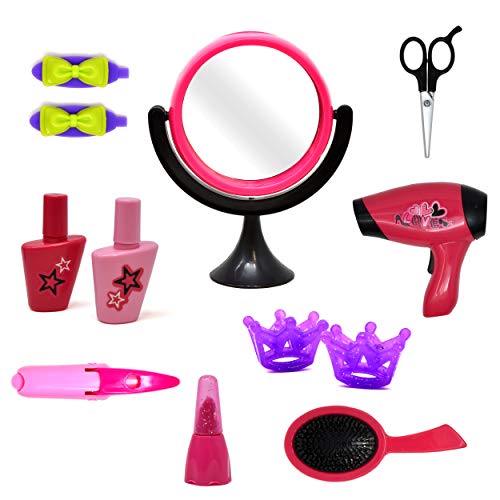 Pretend Play Beauty Set, Stylist Salon Playset Kit for Kids Toy Accessories Includes Hair Dryer, Makeup Mirror, Flat Iron, Lipstick, Scissors, Hair Brush, Nail Polish and Hair Clips