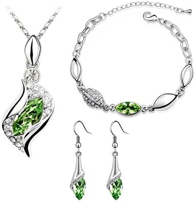 Babao Jewelry Unique Leaves Angel Elves 18K Platinum Plated Swarovski Elements Cubic Zirconia Crystal Pendant Necklace Earrings Bracelet Set Peak Green