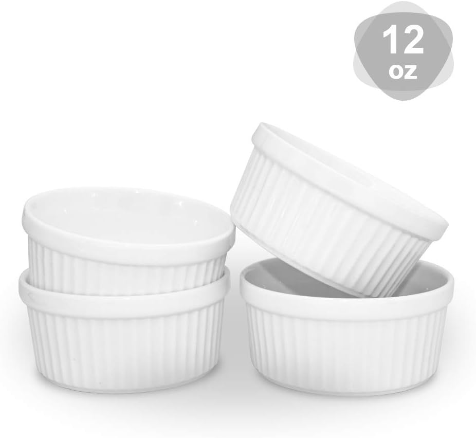 KitchenTour Ceramic Souffle Dishes 12 Ounces Oven Safe Ramekins for Baking Souffle, Creme Brulee, Pudding, Custard Cups - Set of 4…