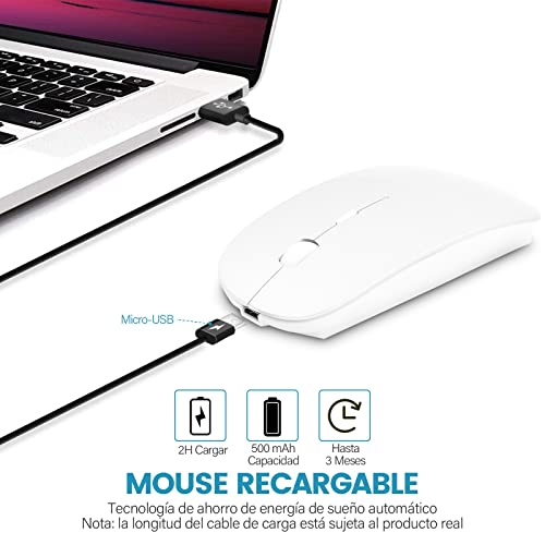 YOMYM Mouse Ratón óptico Inalámbrico Recargable 2.4 G, Silencioso Click con Receptor USB y Tipo-c Adaptador 3 Ajustable DPI Ratón Para Computadora, Ideal para Ordenadores portátiles, PCs, Blanco