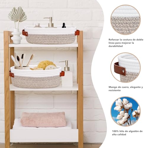 Cestas de almacenamiento para Encimera de baño, cesta de inodoro de cuerda de algodón para decoración de baño, cesta de papel higiénico, con mango de cuero,13 X 5.9 X 4 Pulgadas (2 caqui)