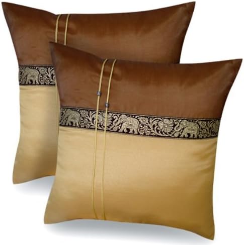 (DOUBLE) 2 BEAUTIFUL ELEPHANT THROW CUSHION COVER/PILLOW CASE BROWN &amp; GOLD HANDMADE BY THAI SILK AND COTTON FOR DECORATIVE SOFA, CAR AND LIVING ROOM SIZE 16 X 16 INCHES Product ty