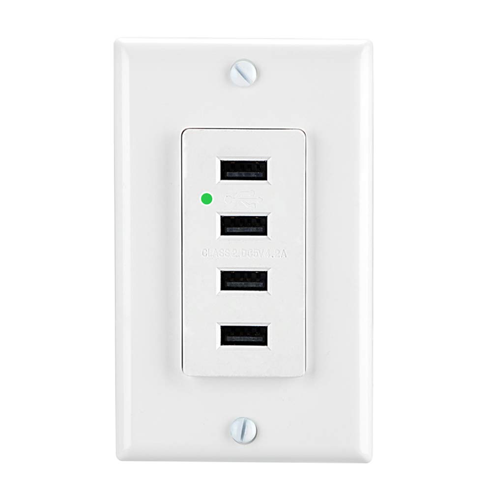 Photo 1 of LEOD 4.2A Output High Speed 4 USB Port Charger Wall Outlet and LED Blue Indicator Light with 2 TypesWall Plates(Standard and screwless Included), USB Outlet with 4 USB Port, White,UL Listed[1 Pack]