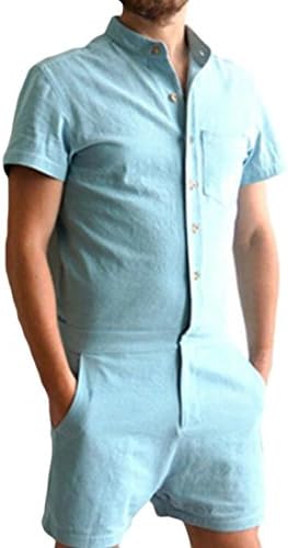 MU2M Men Short Sleeve Cargo Pants Solid Color Slim Fit Short Jumpsuit Romper