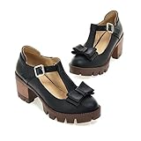 Retro Women's Round Toe Bow T-strap Mary Jane Pumps Sweet Lolita Platform Chunky Heels Shoes