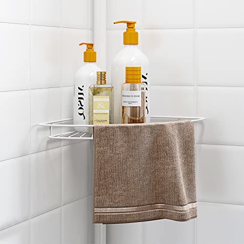 AIYAKA Tension Corner Shower Pole Caddy, with 2 Hooks, Bathroom Storage