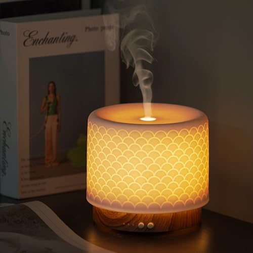 Difusor de Aceites Esenciales Cerámico 280ml para habitaciones grandes y comerciales. Humidificador ultrasónico 2.4MHz, luz decorativa, niebla pulsada/continua, temporizador y apagado automático.