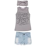 Leezo Toddler Girl Headband+Top T-shirt+Short Jeans Pants Clothes Set
