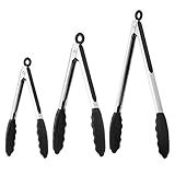 Kitchen Tongs - Set Of 3-7, 9, 12 Inch,Silicone Food Tongs-Non-slip, Stainless Steel Cooking Tongs-Smart Locking Clip-Heat Resistant,Food Grade-Handy Utensils For Barbecue,Frying,Salad,Ice (Black)