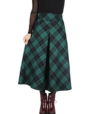 Femirah Women's Fall Winter Plaid Pleated Skirt Long Woolen Skirt